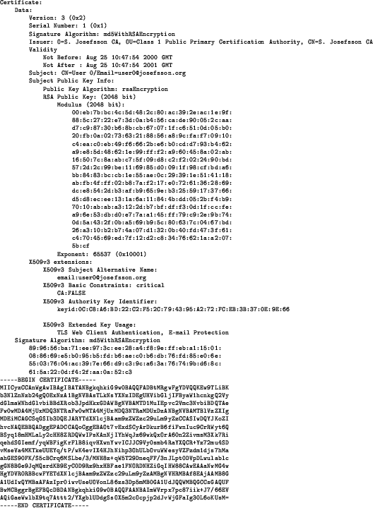 \begin{figure}\begin{center}
\tiny\begin{verbatim}Certificate:
Data:
Version...
...jGFaIg30L6oKUsM=
-----END CERTIFICATE-----\end{verbatim}\end{center}\end{figure}