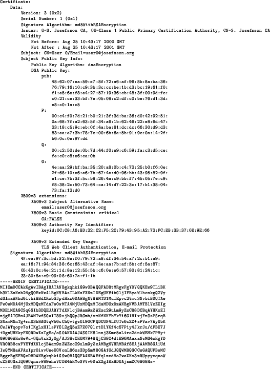 \begin{figure}\begin{center}
\tiny\begin{verbatim}Certificate:
Data:
Version...
...HDOAjsmZCGB68Rs=
-----END CERTIFICATE-----\end{verbatim}\end{center}\end{figure}